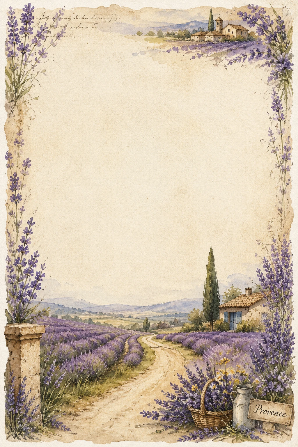 Provence lavender fields and countryside road watercolor washed border page