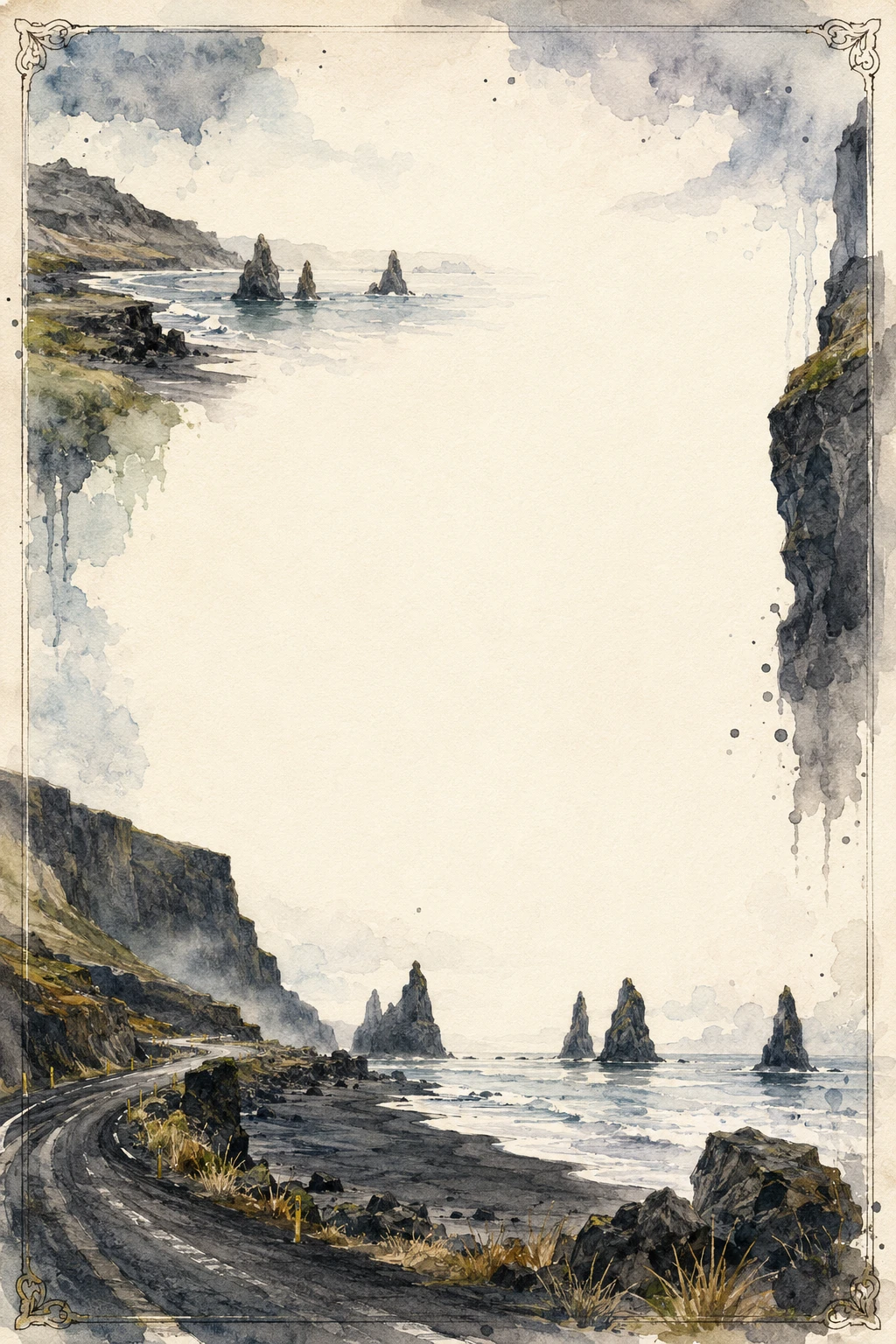 Iceland black sand beach and coastal road watercolor washed border page