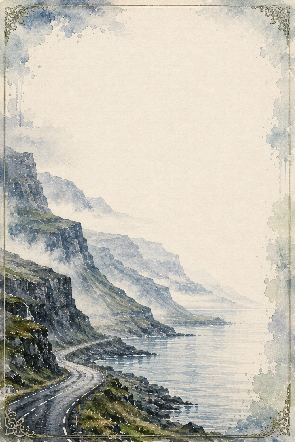 Iceland coastal road with cliffs and mountains watercolor washed border page