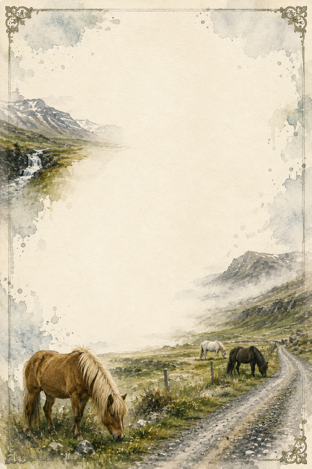 Iceland countryside road with horses and mountains watercolor washed border page