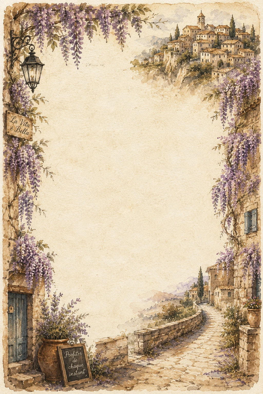 Provence village road with wisteria and rustic homes watercolor washed border page