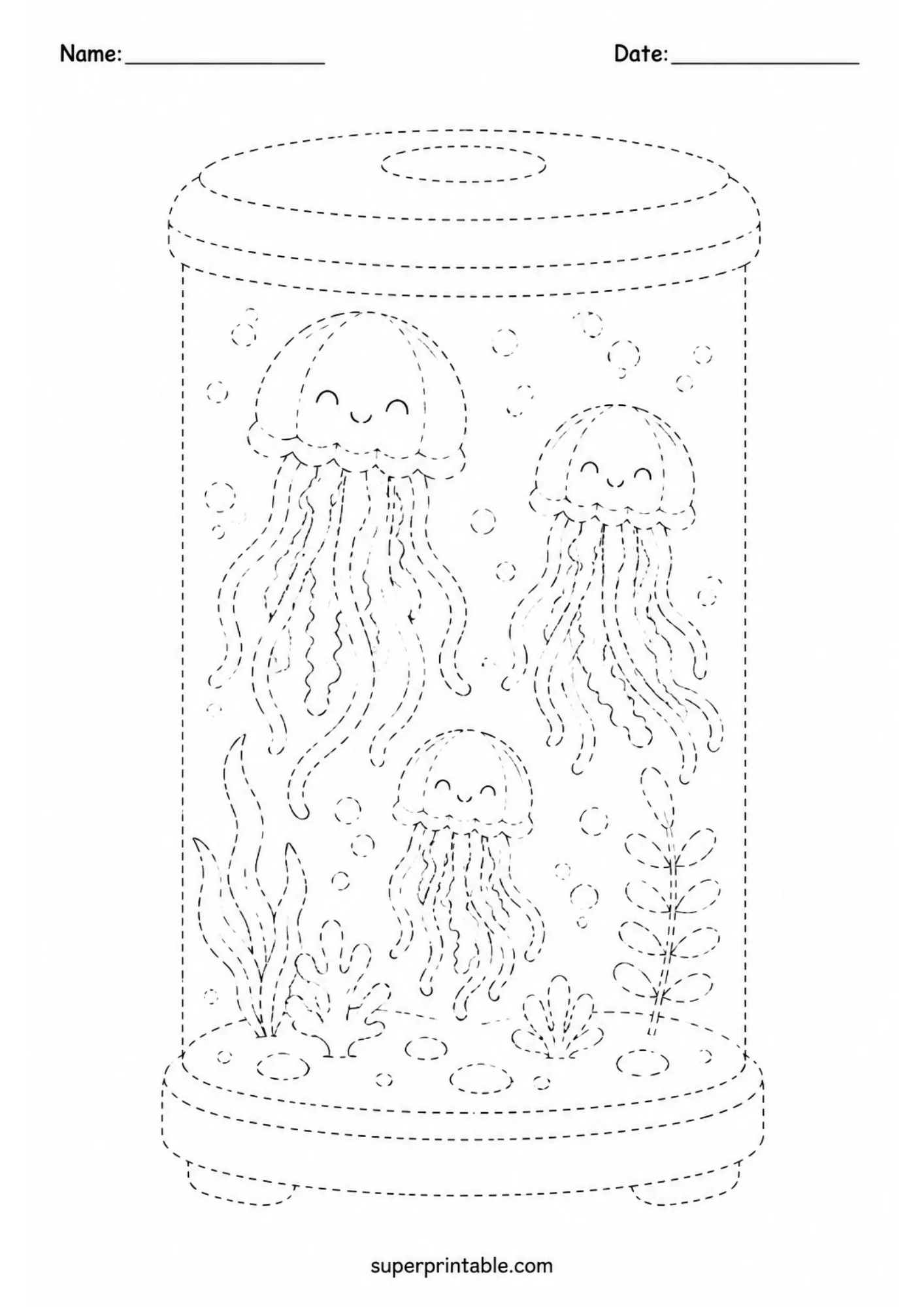 Cylindrical jellyfish tank tracing page with three floating sea jellies and plants.