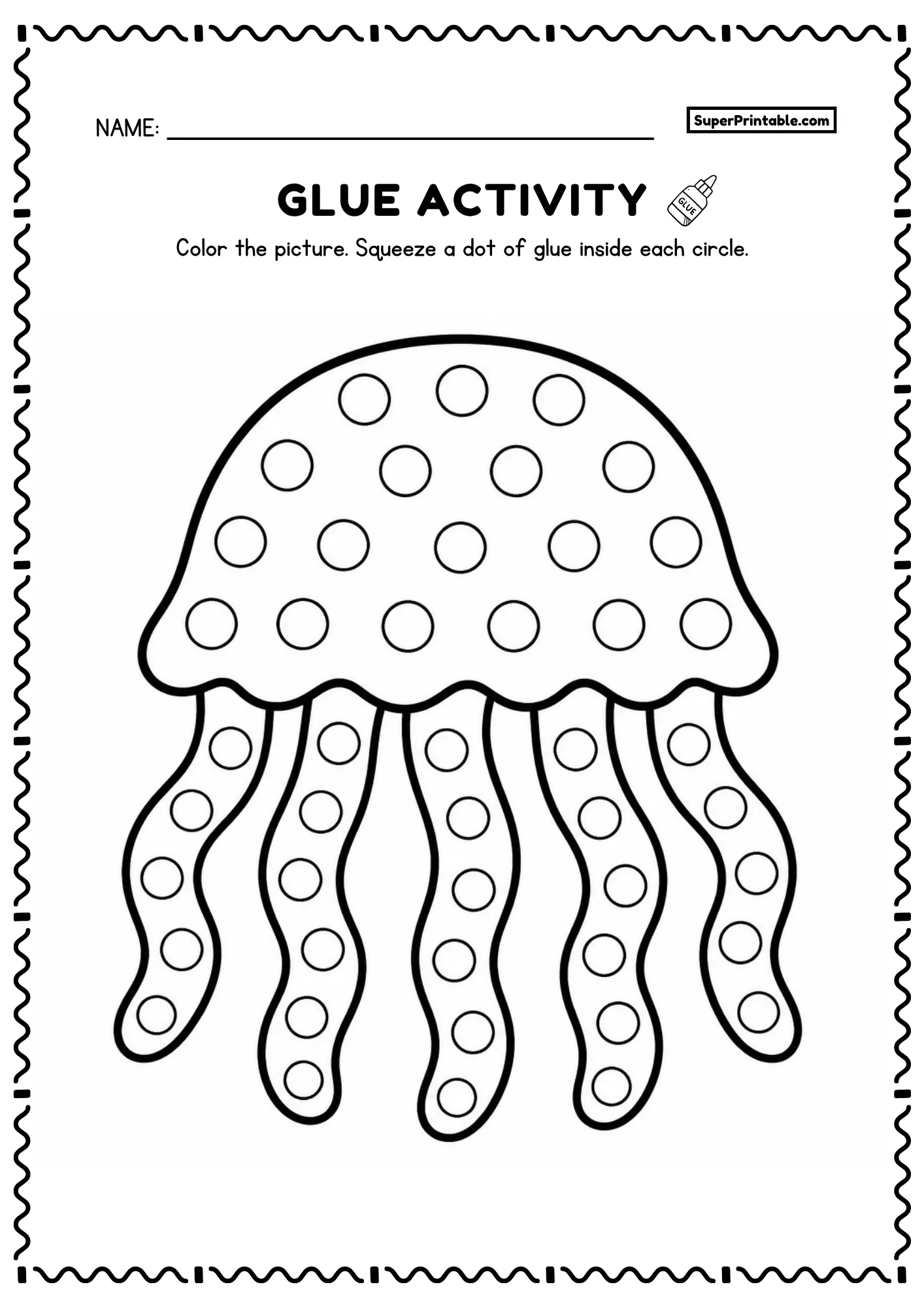 Dome jellyfish printable glue worksheet with draping tentacles and dot circles for preschoolers