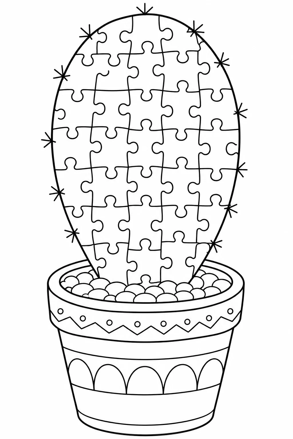 Potted cactus divided entirely into interlocking puzzle pieces.