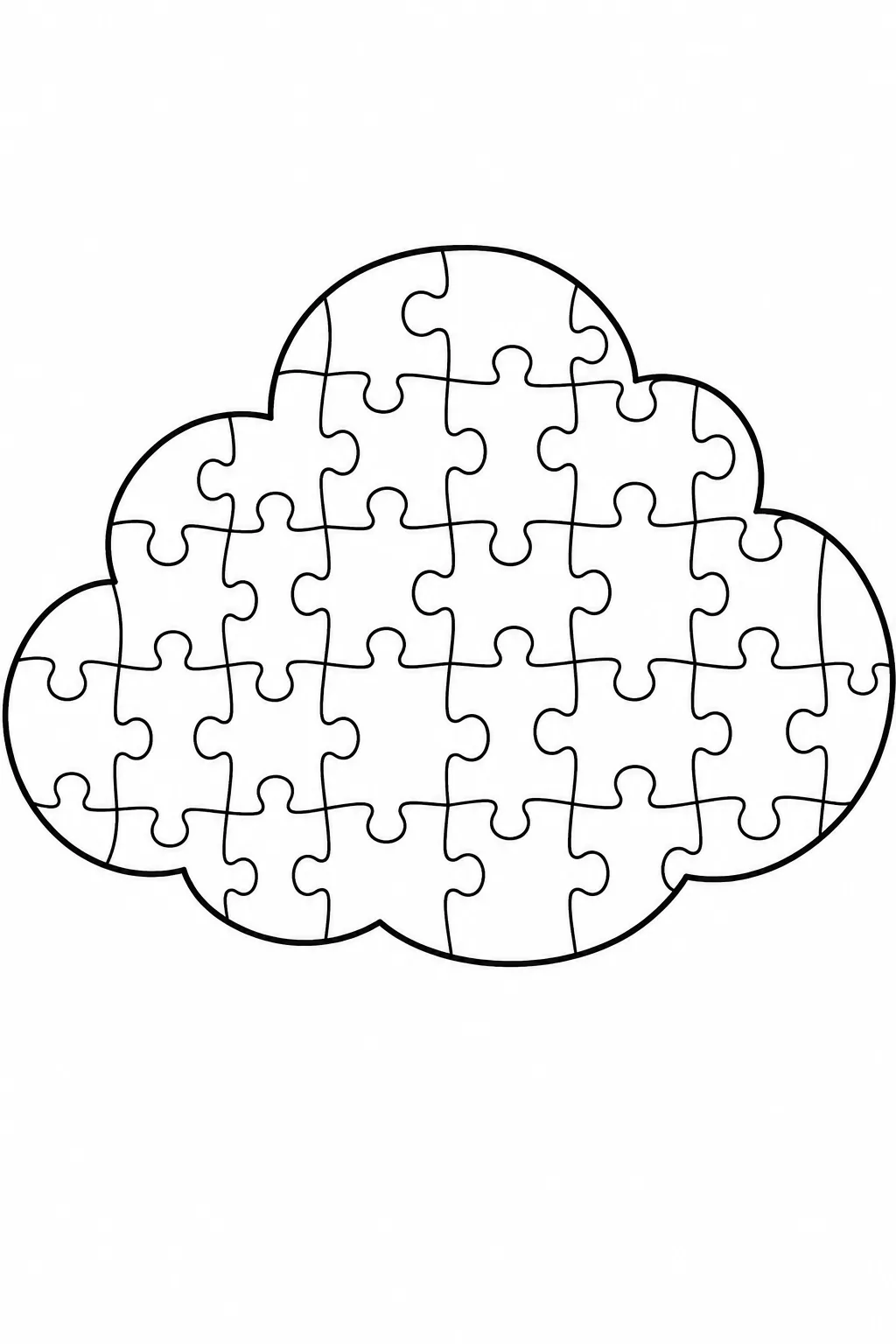 A fluffy cloud divided into interlocking jigsaw puzzle pieces to color.