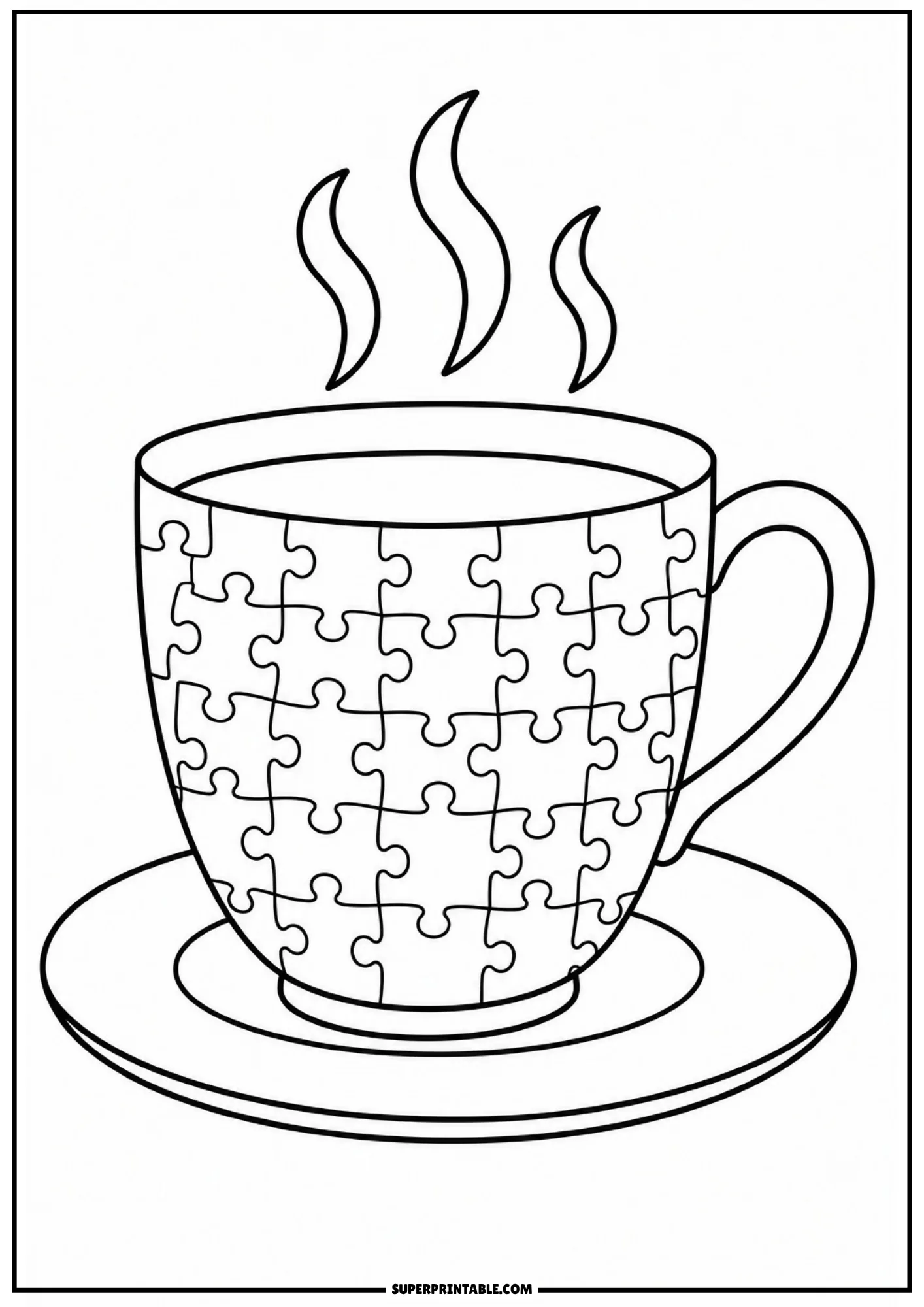 Black and white coloring sheet of a steaming teacup and saucer covered with interlocking puzzle piece patterns.