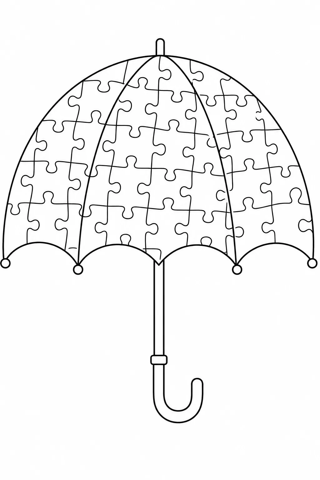 Open parasol divided entirely into interlocking puzzle pieces.