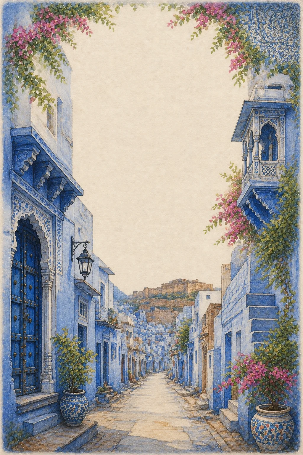 Indigo blue house street in Jodhpur with blooming pink bougainvillea and hilltop fort background.