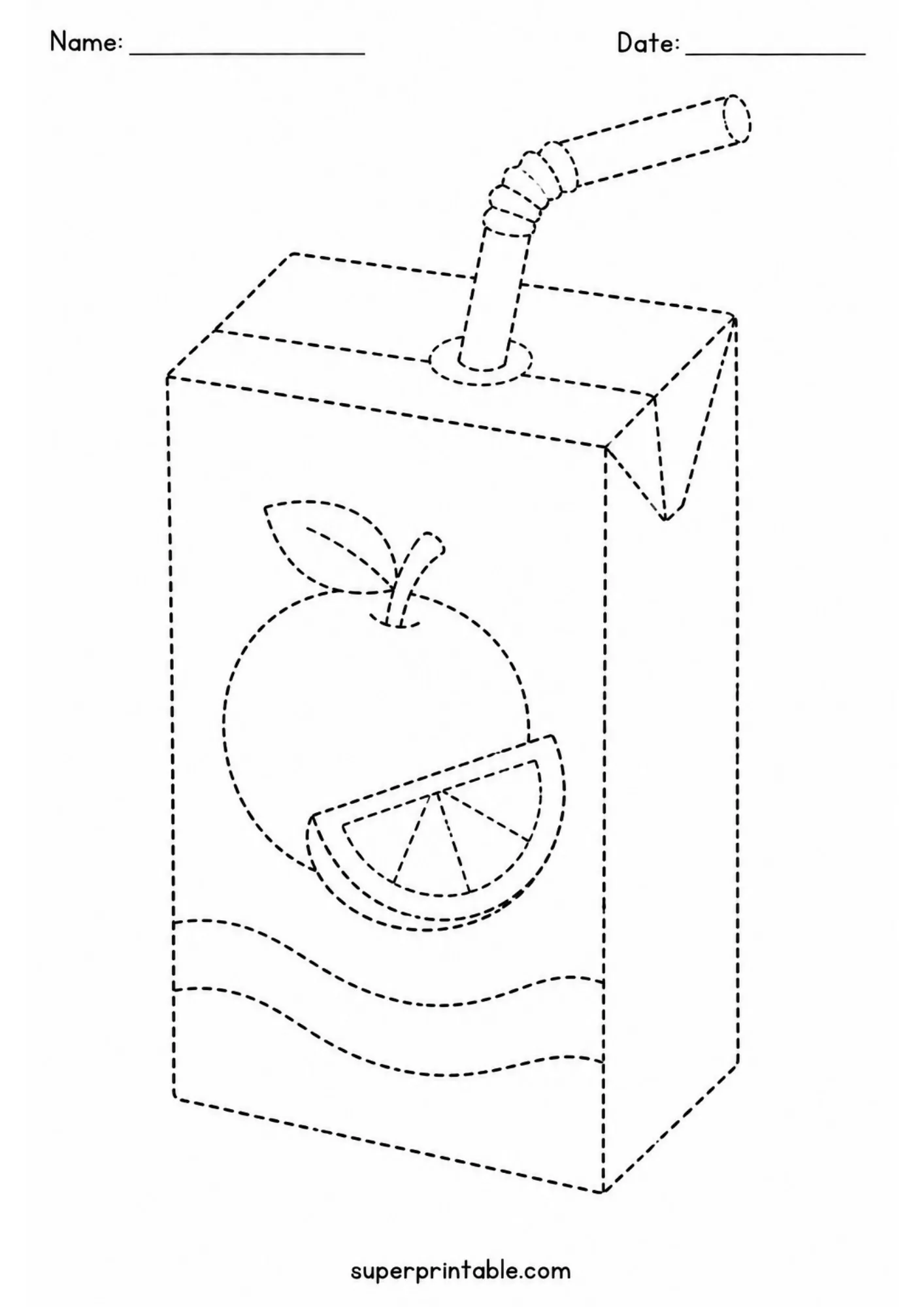 Line tracing activity page featuring a rectangular juice box container with a straw.
