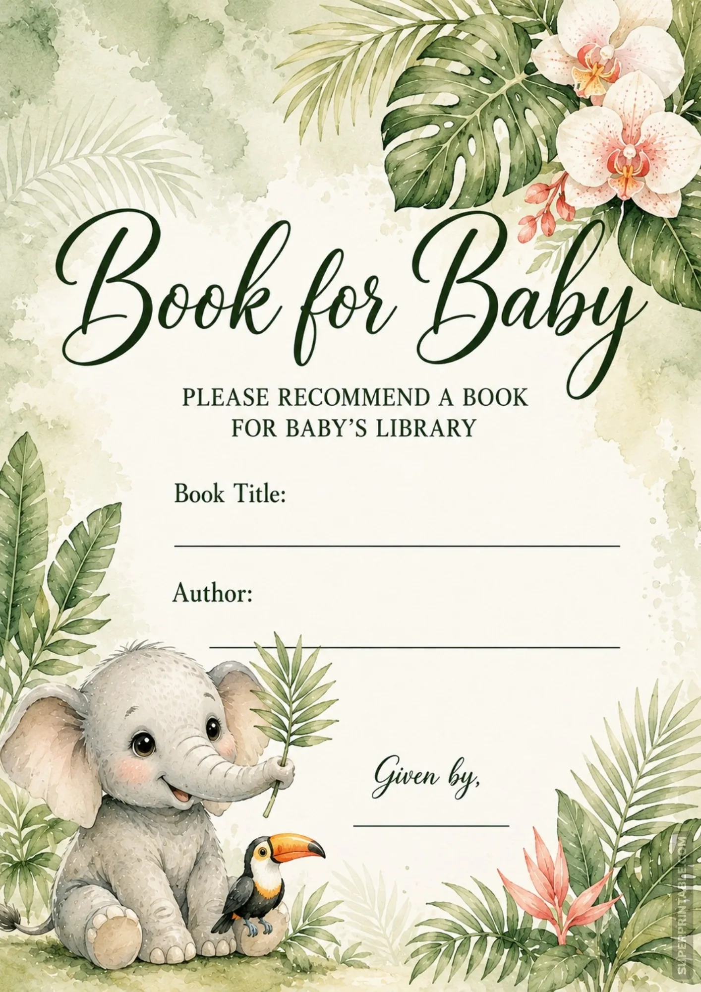 Jungle safari baby book request insert card showing watercolor baby elephant, toucan, and palm leaves.