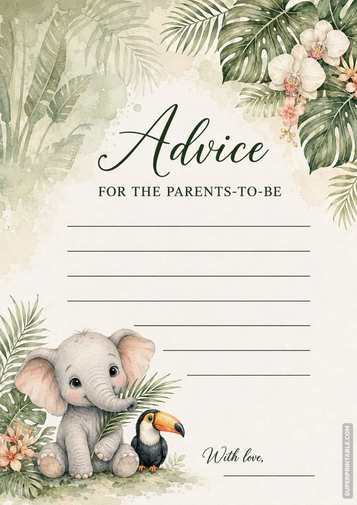 Jungle baby shower advice printable with watercolor baby elephant and toucan amidst tropical palm foliage.