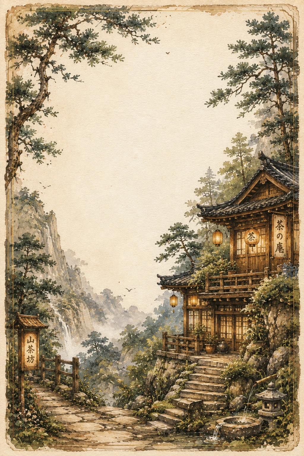 Japanese Mountain Temple Path Page Border Sheet
