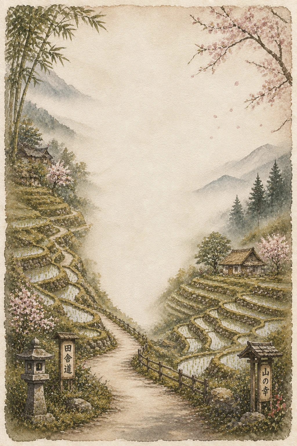 Misty Japanese Mountain Village Road Page Border Sheet