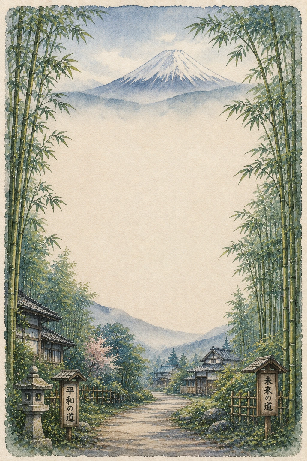 Bamboo Framed Japanese Mountain Village Road Page Border Sheet