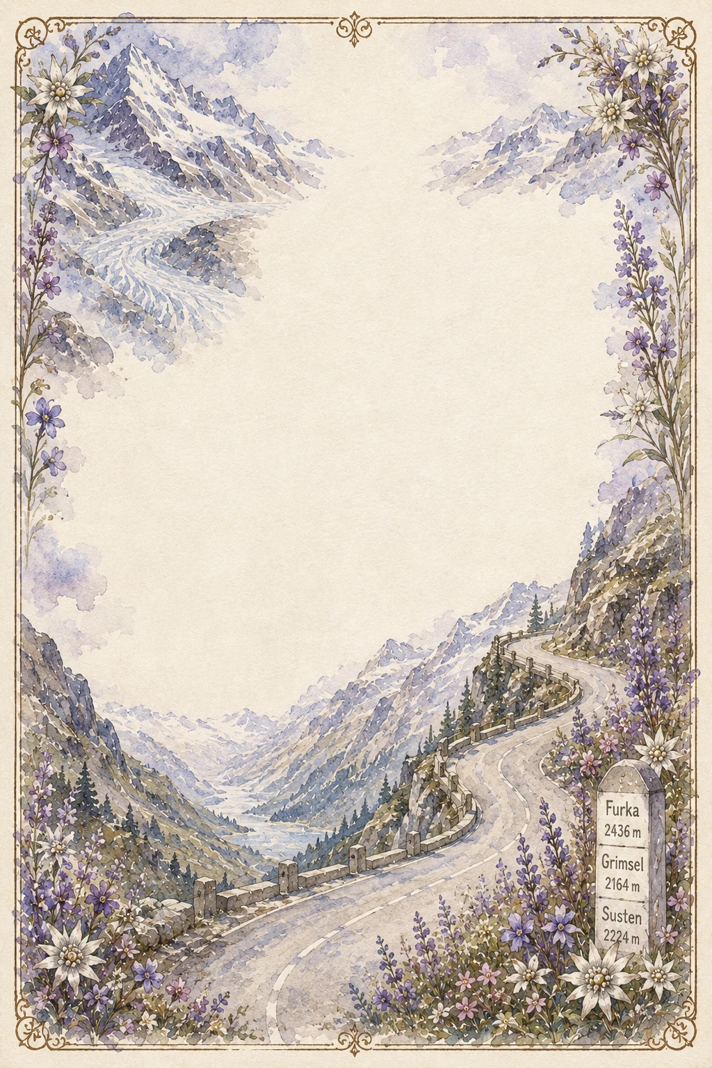 Swiss Mountain Road Lavender Landscape Page Border Sheet