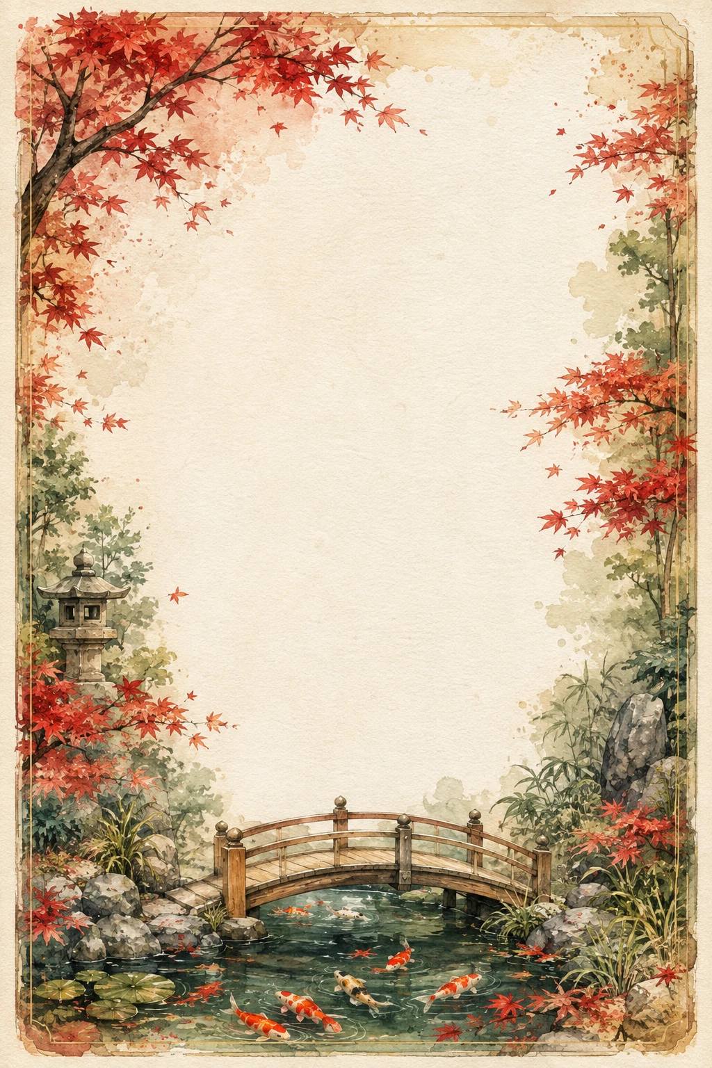 Japanese Maple Garden Wooden Bridge Page Border Sheet