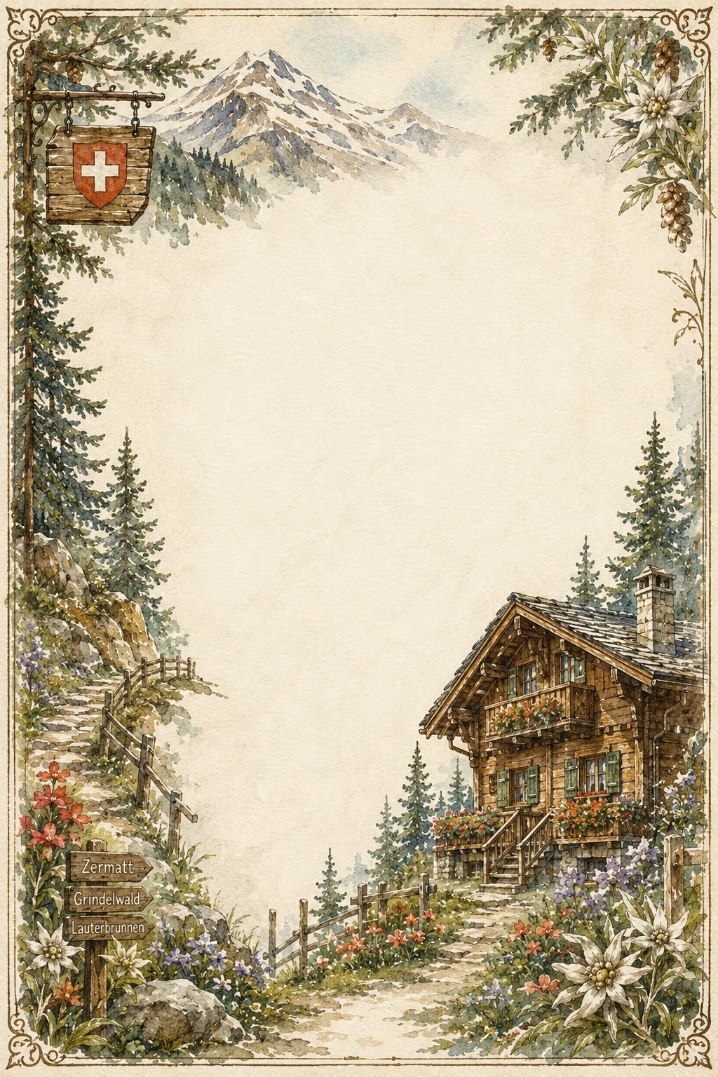 Swiss Alpine Chalet Mountain Page Border Sheet