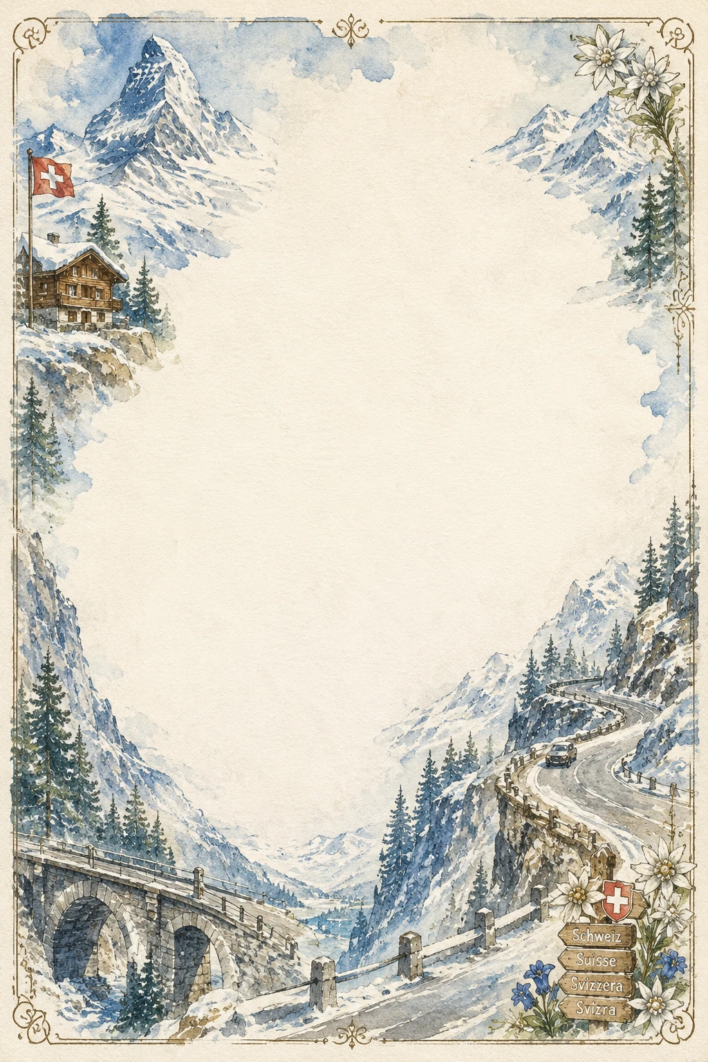 Alpine Mountain Road Watercolor Page Border Sheet