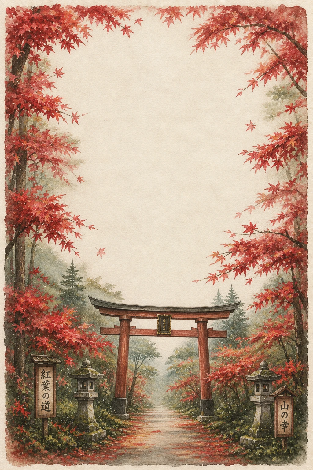Japanese Torii Gate Maple Tree Road Page Border Sheet
