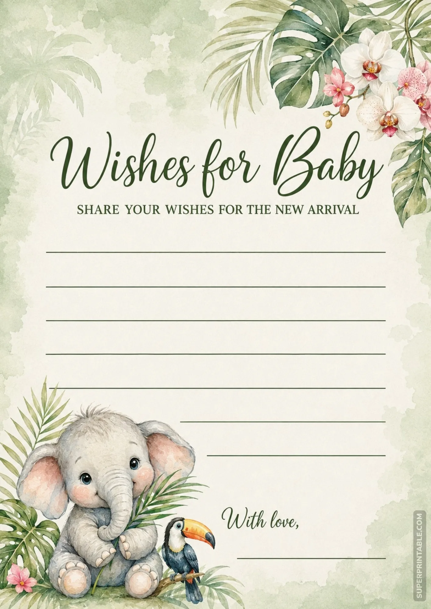 Tropical jungle card design featuring a cute baby elephant with a palm leaf, toucan, and white orchid flowers.