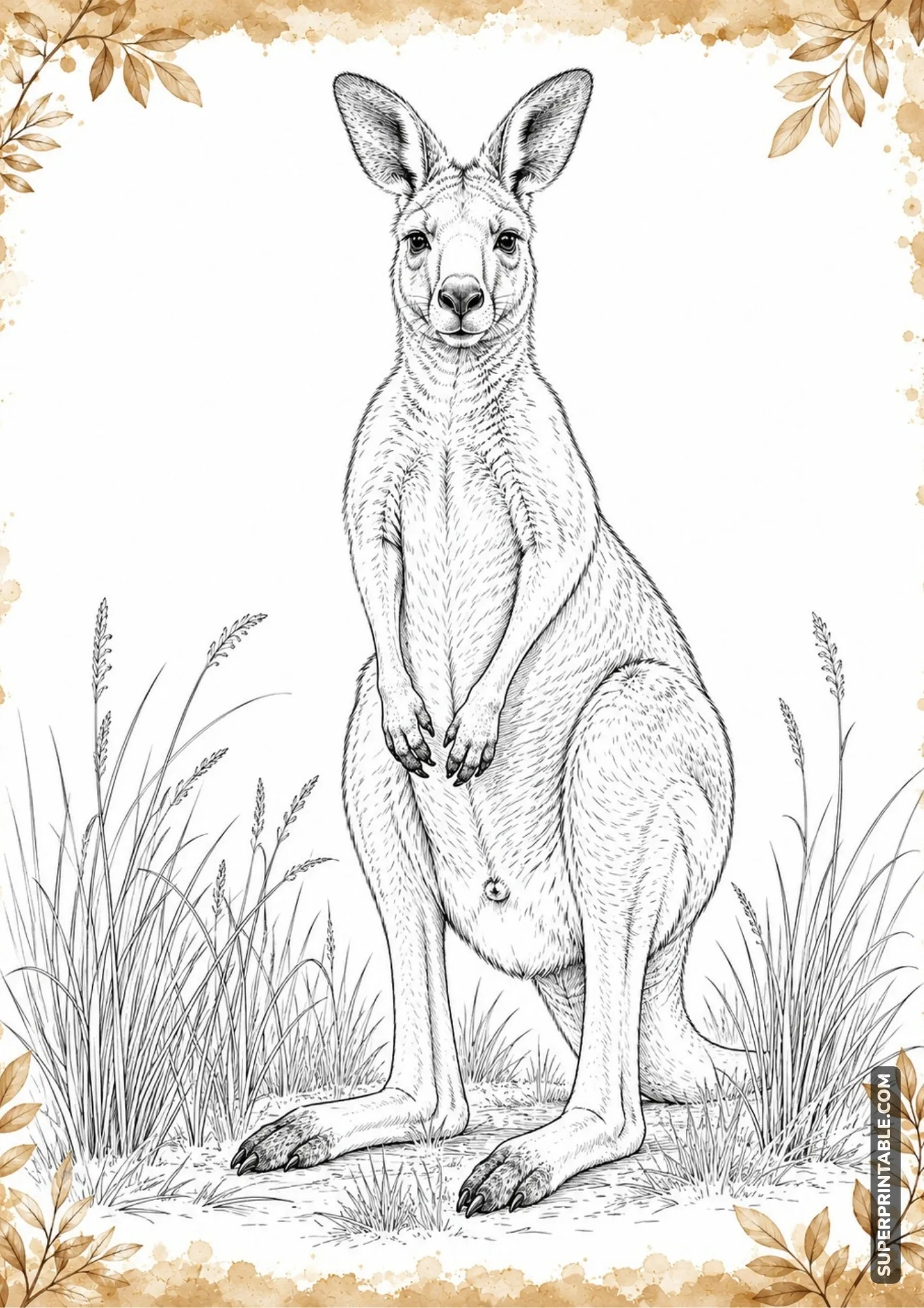Australian kangaroo standing among tall golden grasses in a watercolor scene