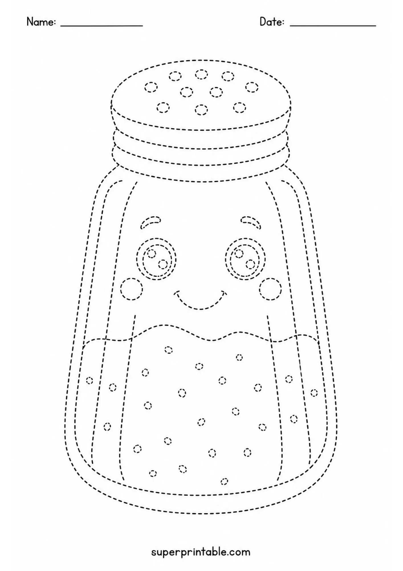 Cute kawaii smiling pepper shaker line tracing sheet for fun preschool kitchen utensil activity.