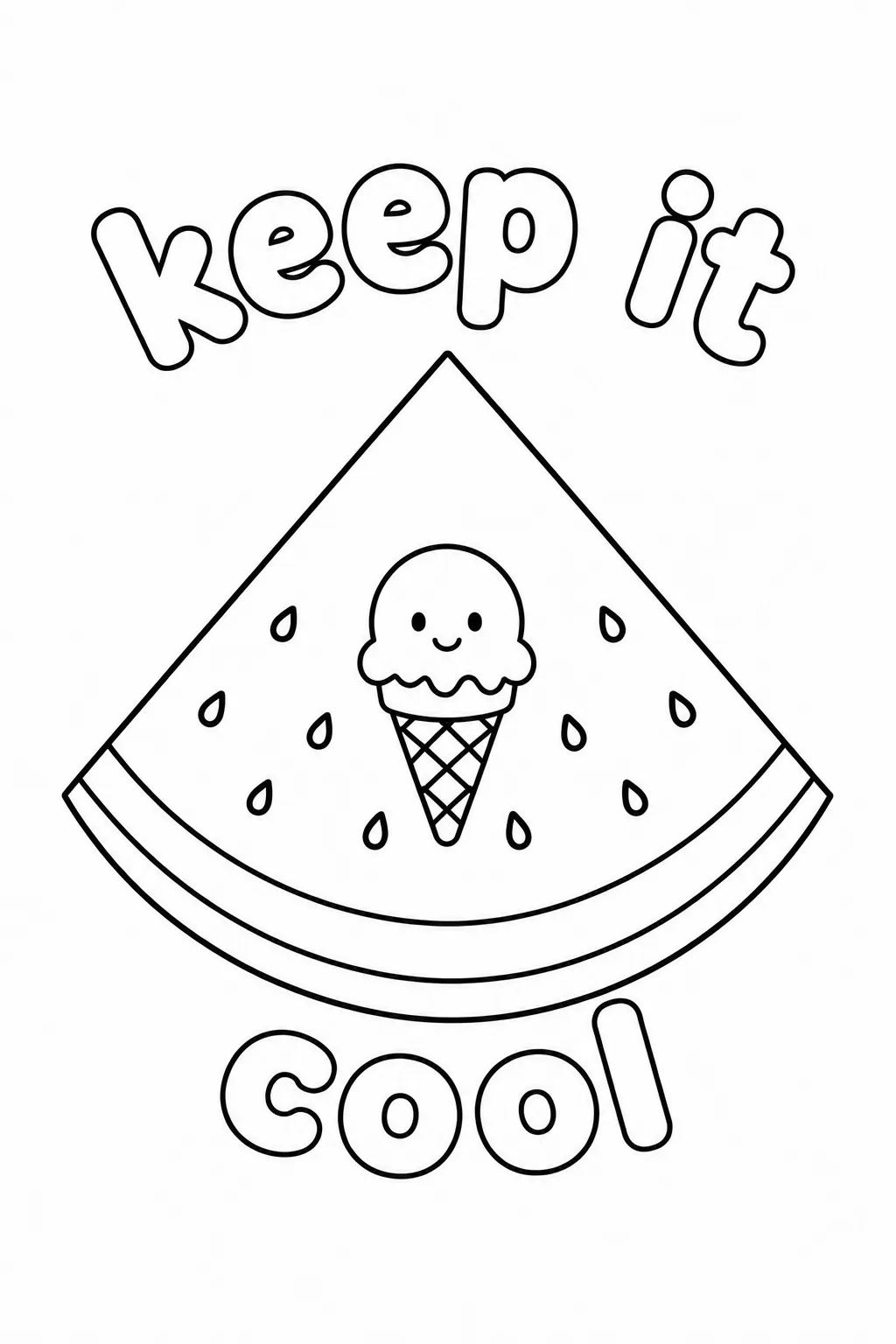 Cute ice cream cone featured on a juicy watermelon slice coloring page.