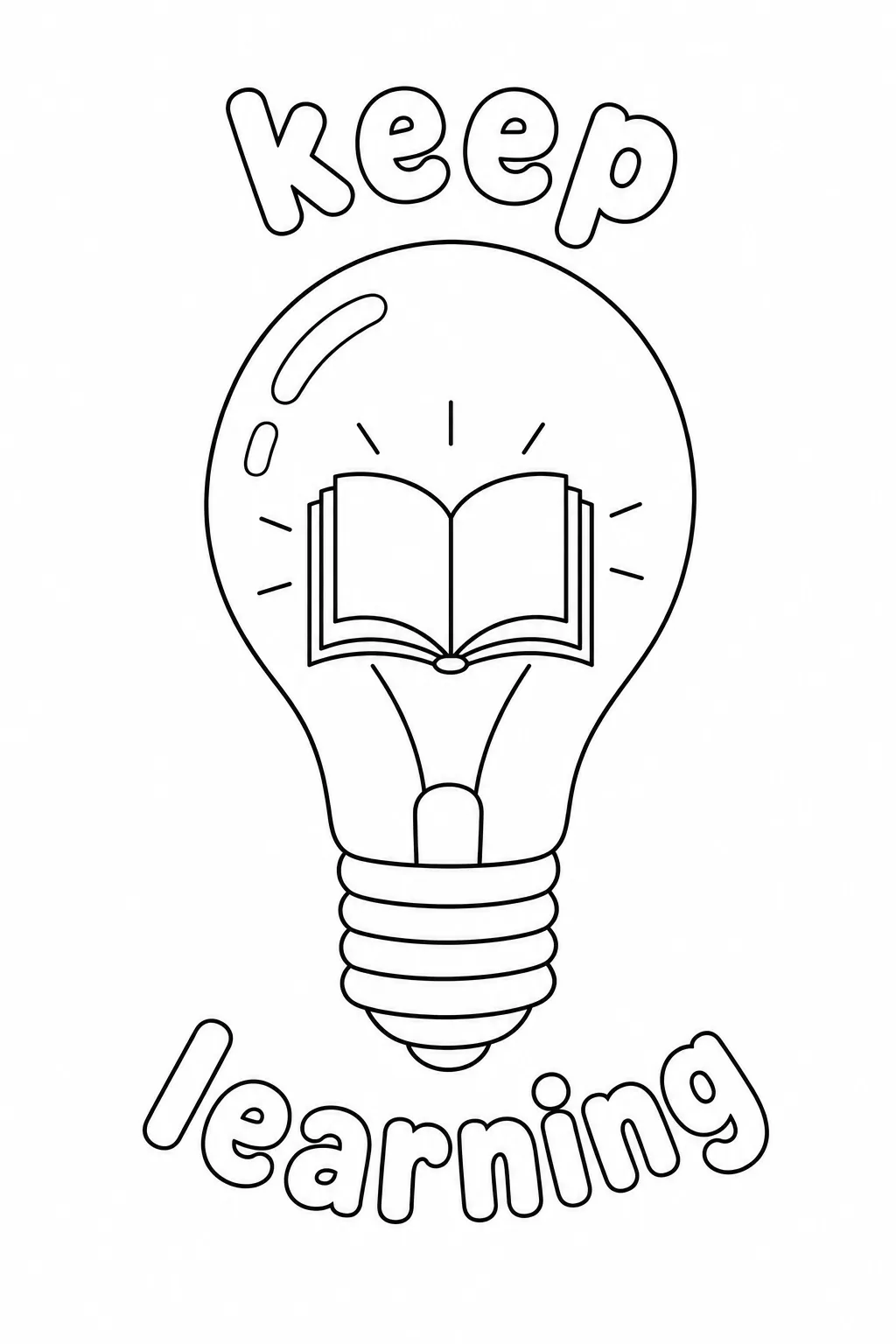 Open book with glowing rays inside a light bulb framed by bold Keep Learning typography.