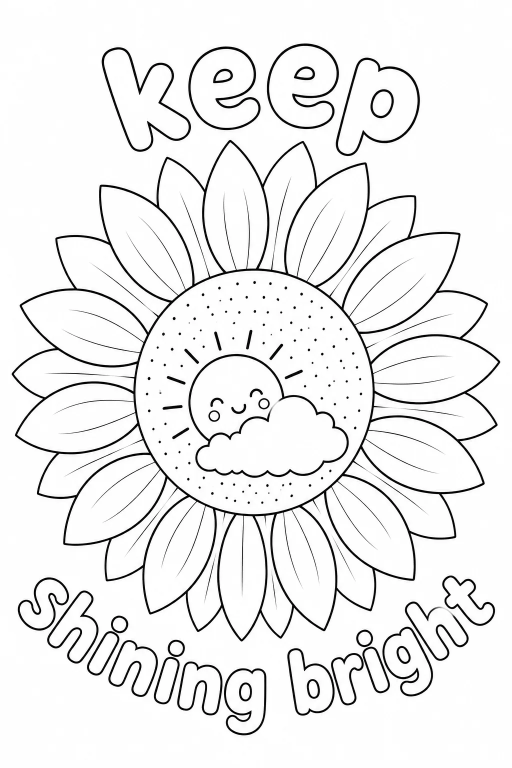 Sun and cloud emblem inside a sunflower bloom with keep shining bright text to color.