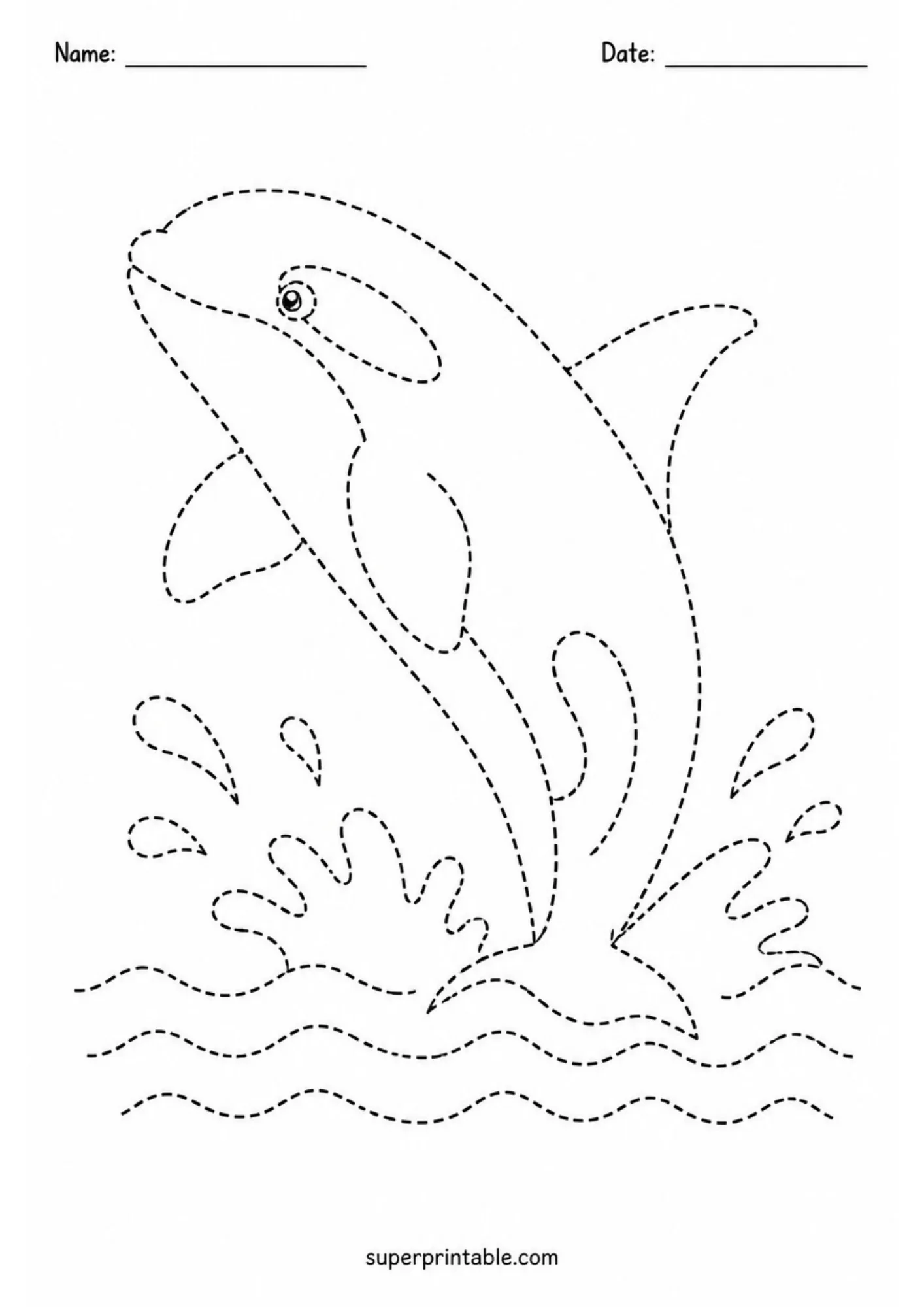 Leaping killer whale orca line tracing page surrounded by splashing arctic ocean waves.