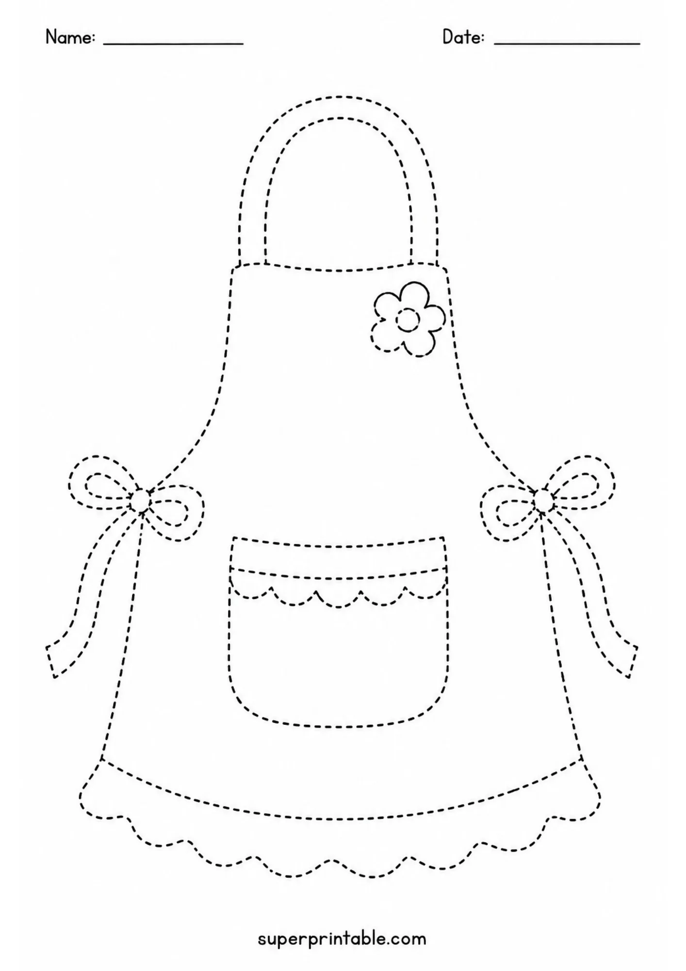 Chef apron with front pocket line tracing sheet for kindergarten food prep activity pages.