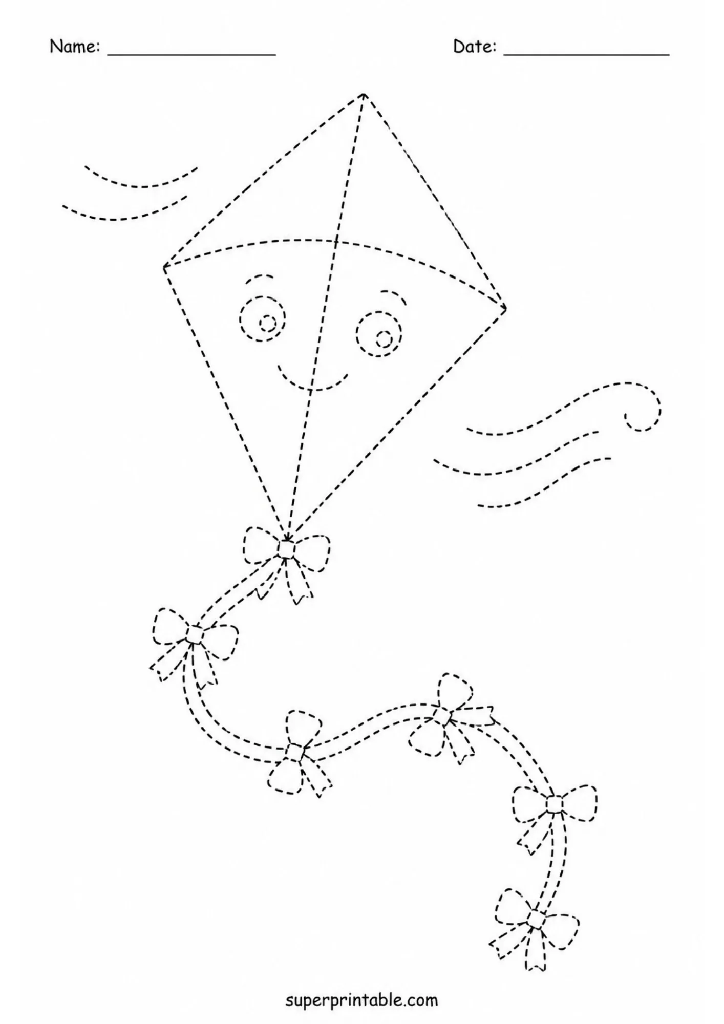 Smiling kite tracing page with a long curved tail, decorative bows, and flowing wind lines