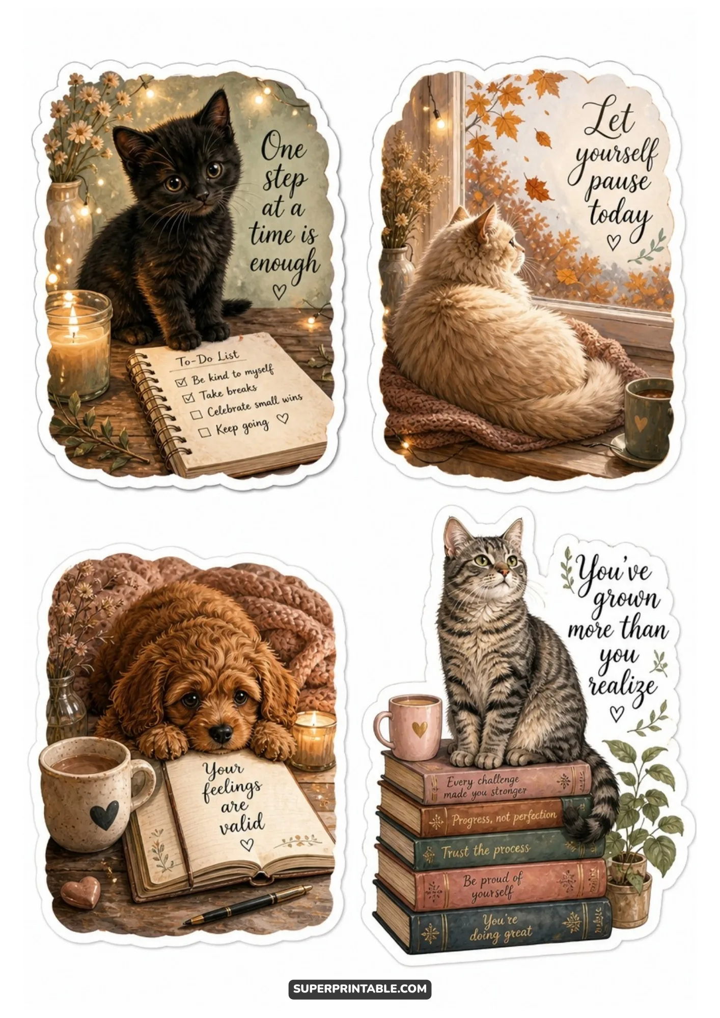 Encouraging animal planner decals with cats and a cute puppy.