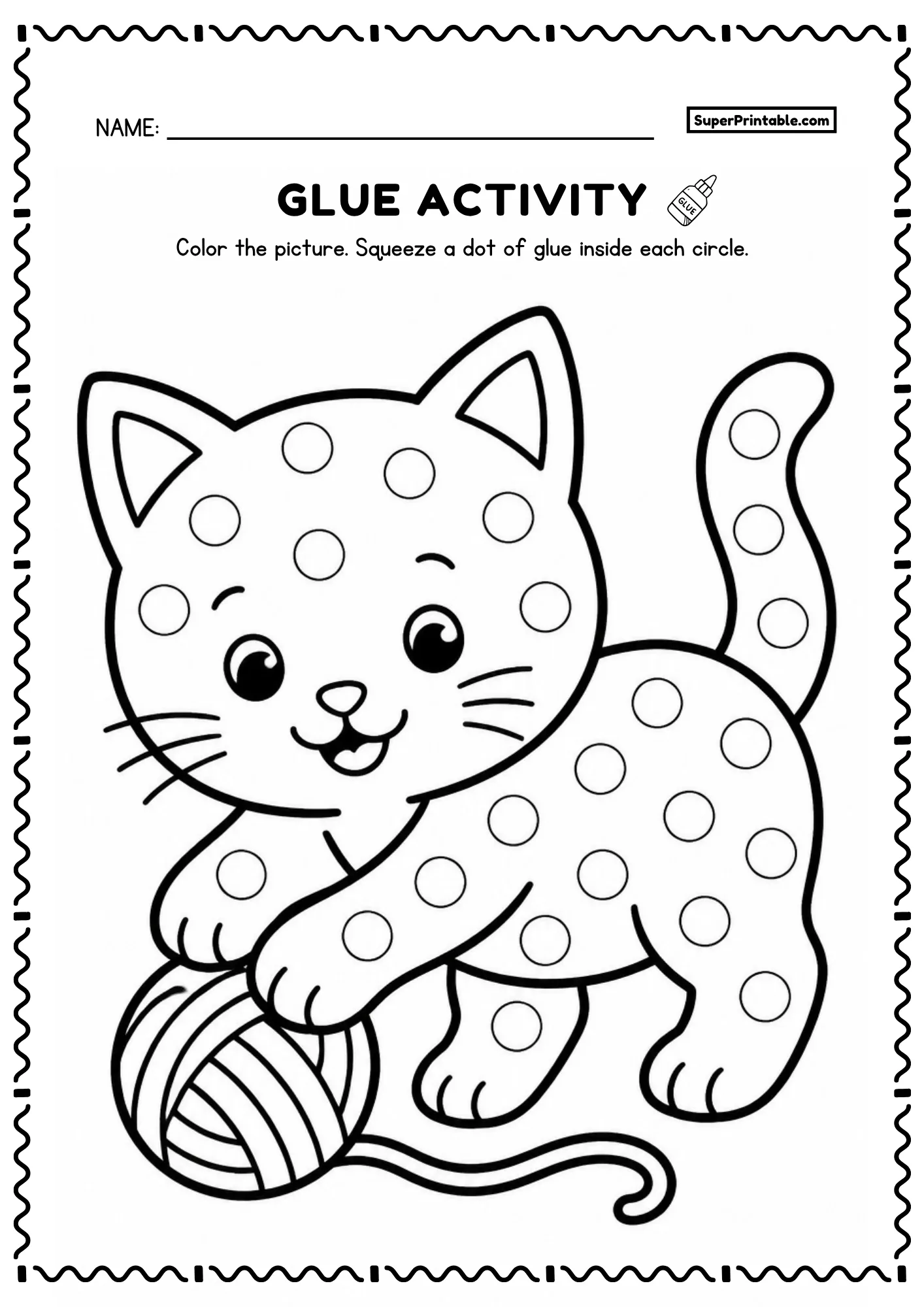 Playful kitten with yarn ball printable glue worksheet with dot circles for preschoolers
