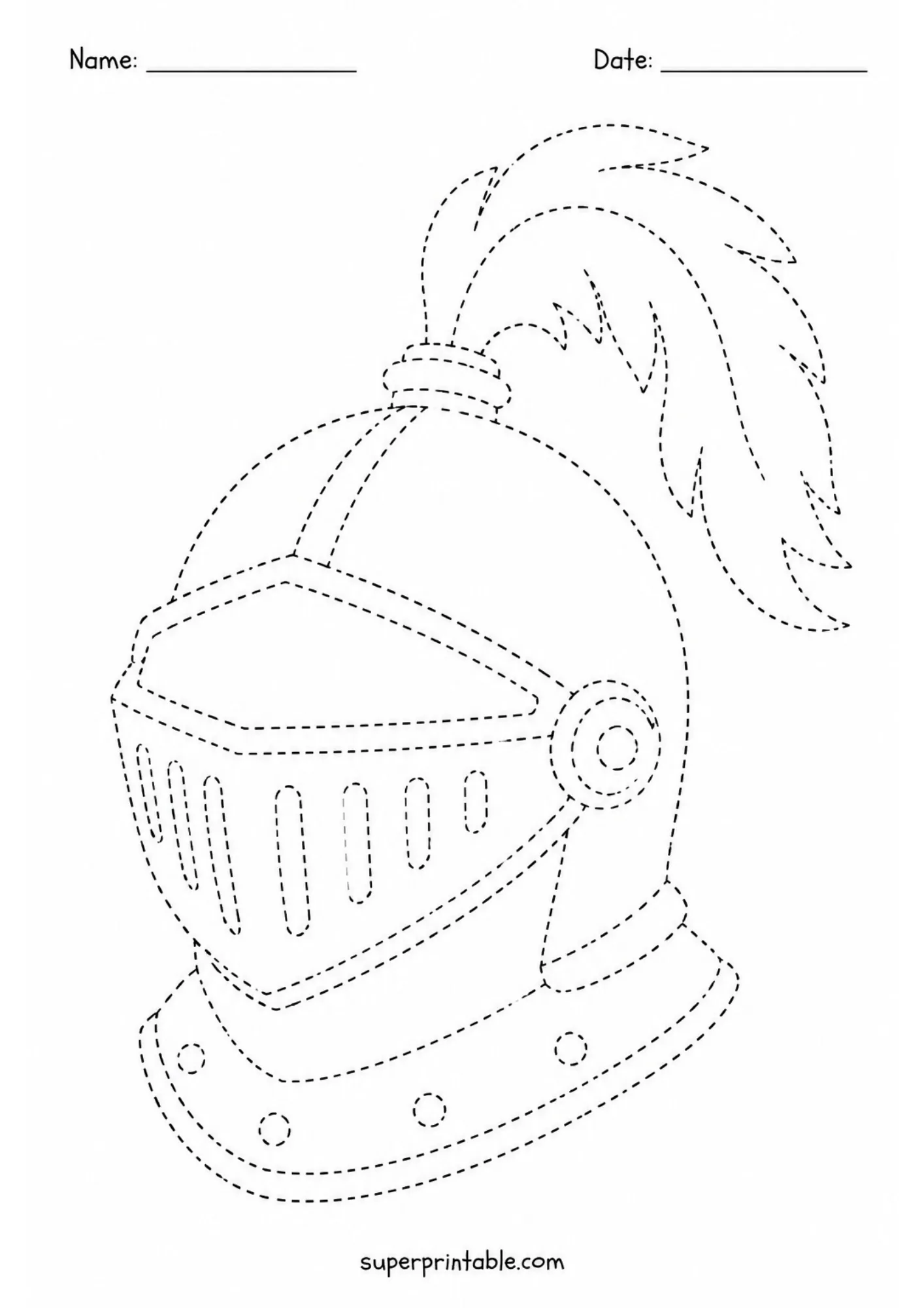 Dashed line knight helmet ready for kids to trace and color.