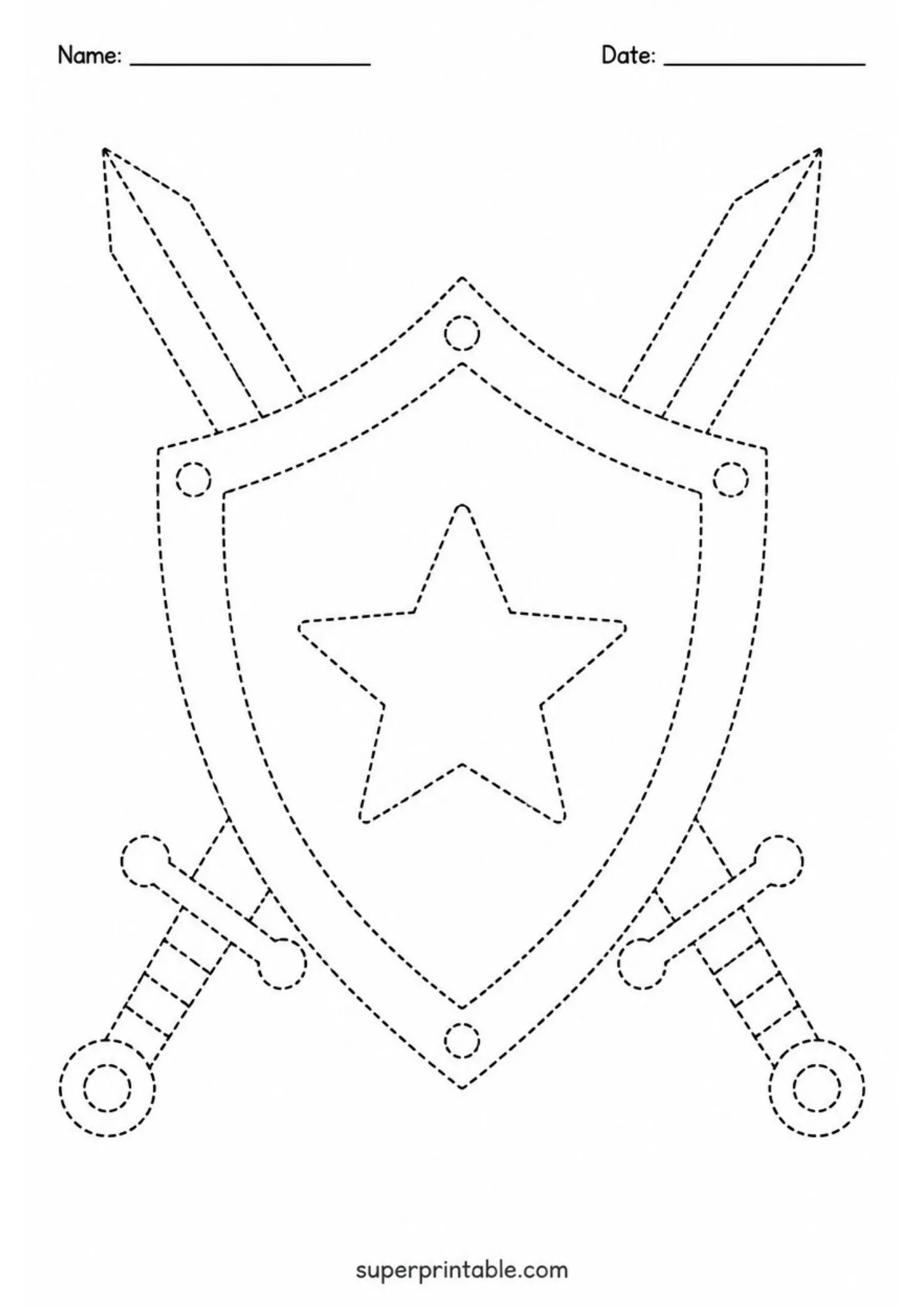 Medieval knight shield with star emblem and crossed swords in dashed line outlines.