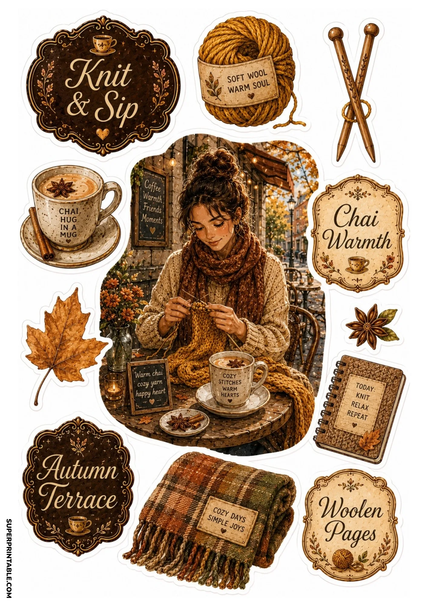 Cozy autumn knit and sip stickers with yarn ball, knitting needles, plaid blanket, and chai mug.