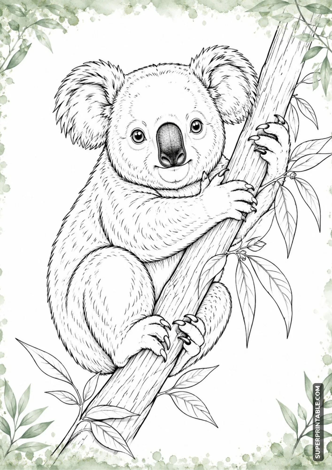 Australia adventure printables featuring a koala on a leafy eucalyptus branch