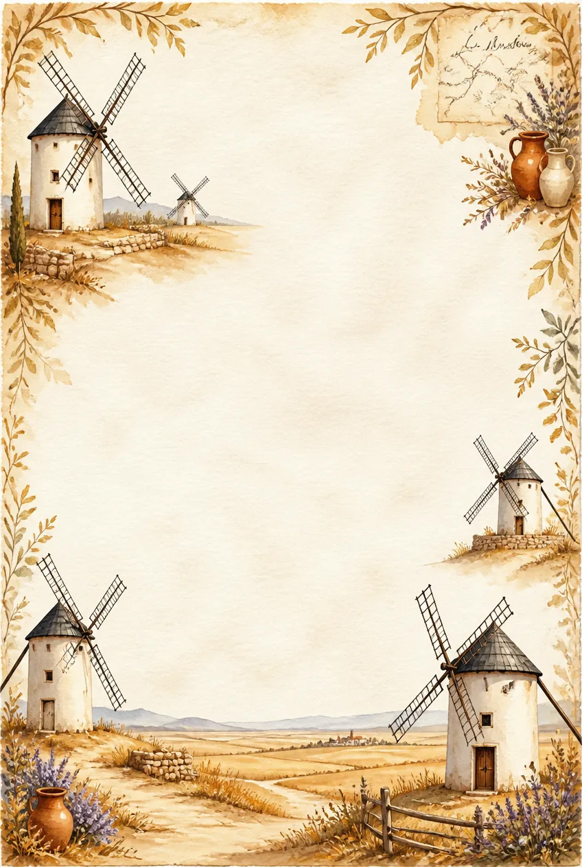 Parchment stationery border illustrating four whitewashed windmills across open golden fields.