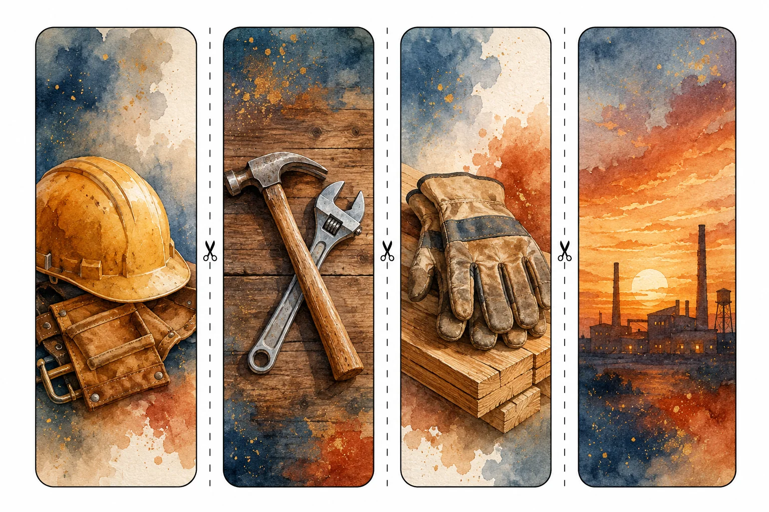 Printable Labor Day bookmarks sheet 1, hard hat and factory sunset