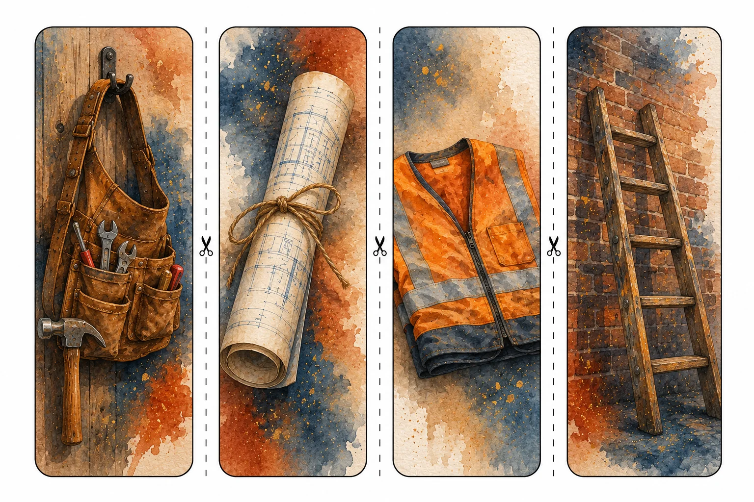 Printable Labor Day bookmarks sheet 2, tool belt and blueprint