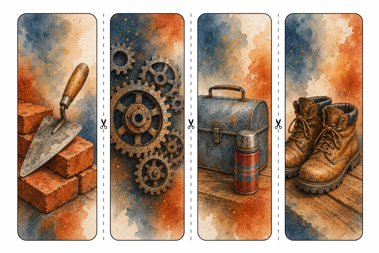Printable Labor Day bookmarks sheet 3, bricks, gears, and lunch pail