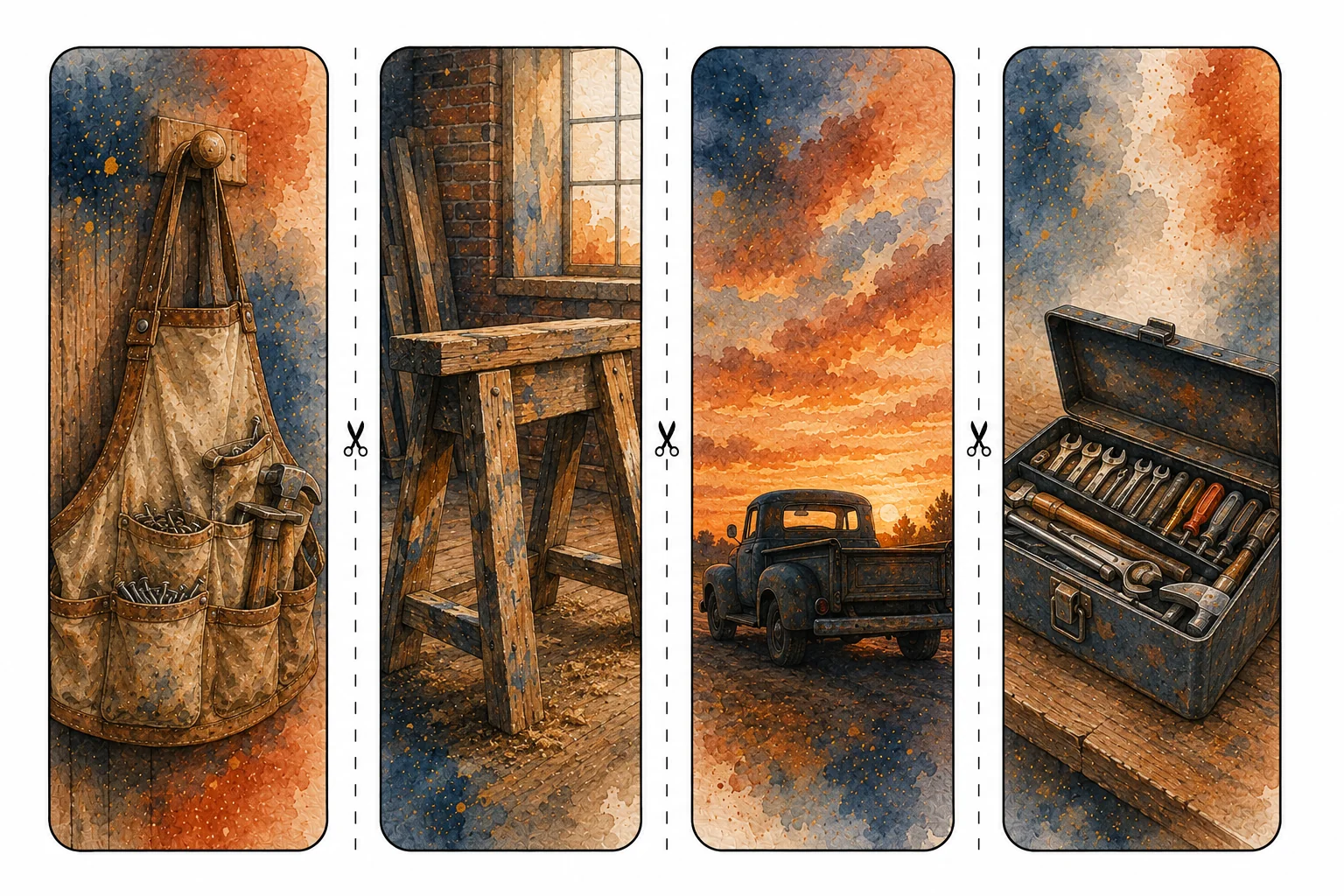 Printable Labor Day bookmarks sheet 5, nail apron and open toolbox