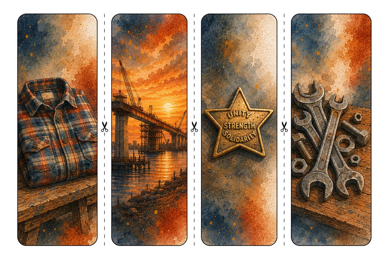 Printable Labor Day bookmarks sheet 6, flannel shirt and union badge