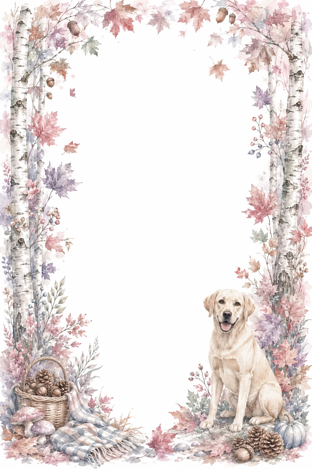 Watercolor border page featuring a Labrador in a autumn setting, with a blank center and no text or watermark.
