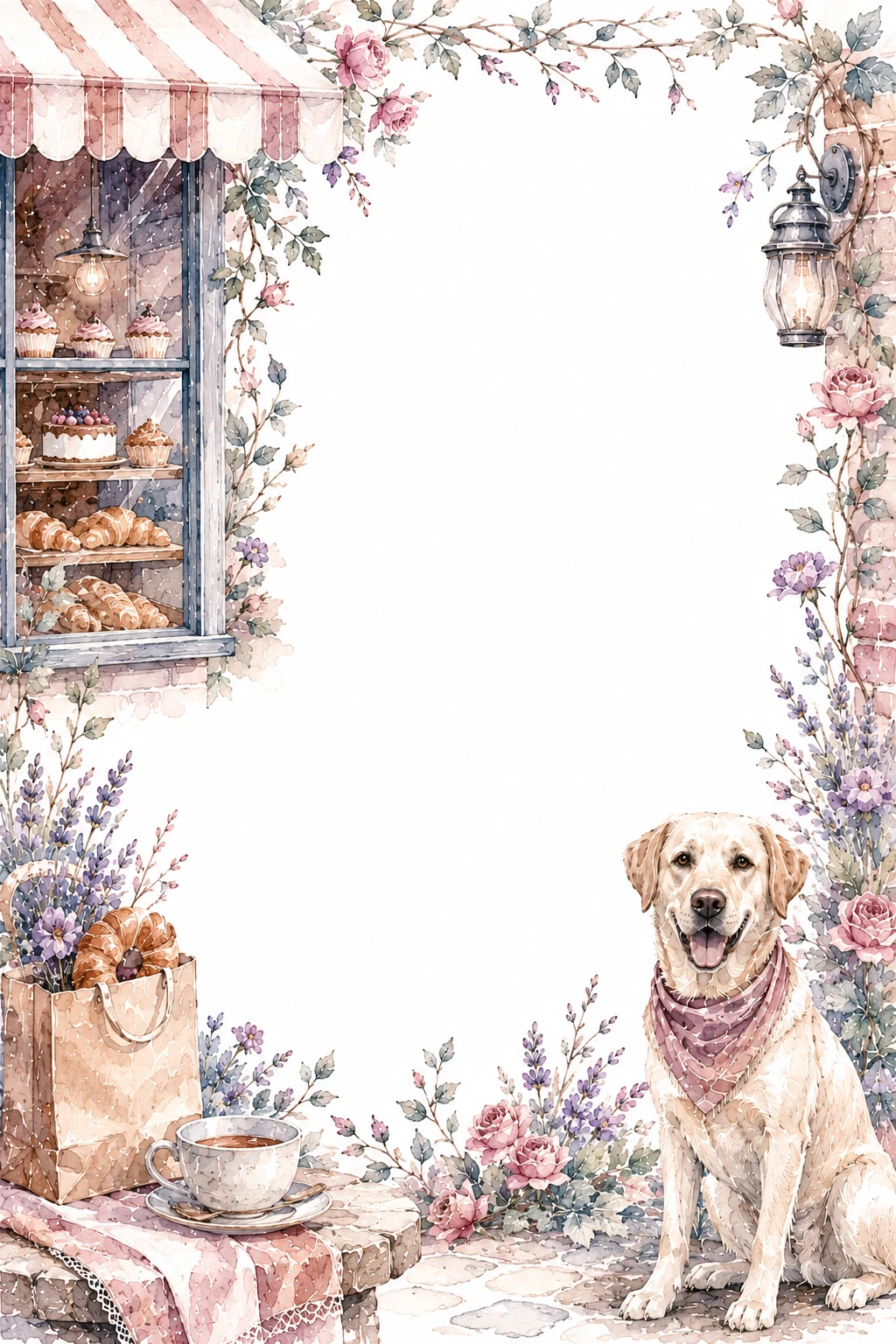 Watercolor border page featuring a Labrador in a bakery setting, with a blank center and no text or watermark.