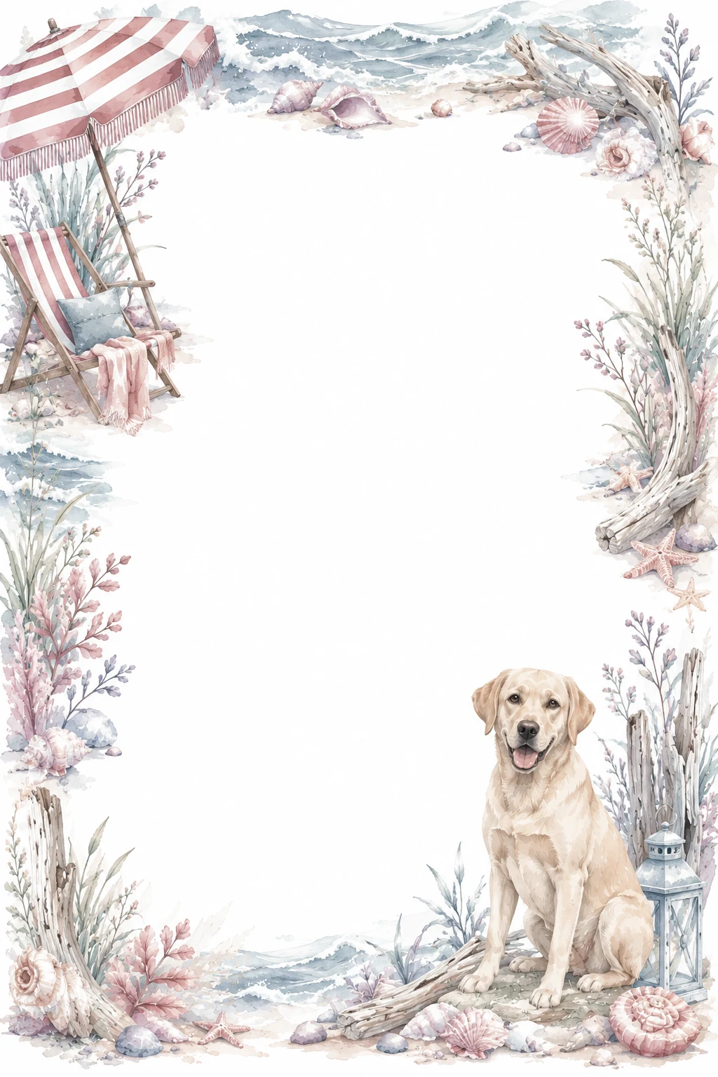 Watercolor border page featuring a Labrador in a beach setting, with a blank center and no text or watermark.