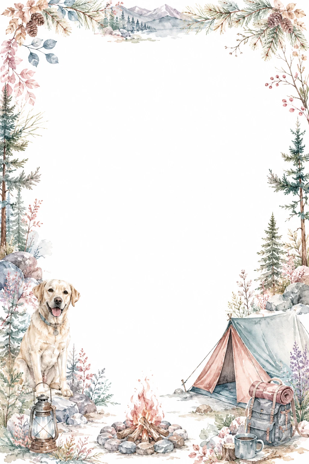 Watercolor border page featuring a Labrador in a camping setting, with a blank center and no text or watermark.