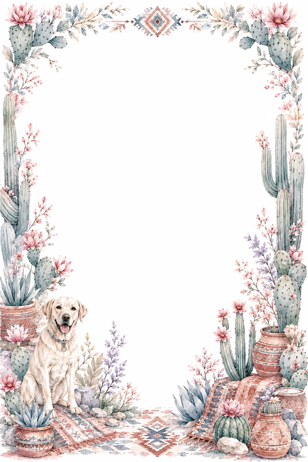 Watercolor border page featuring a Labrador in a desert setting, with a blank center and no text or watermark.