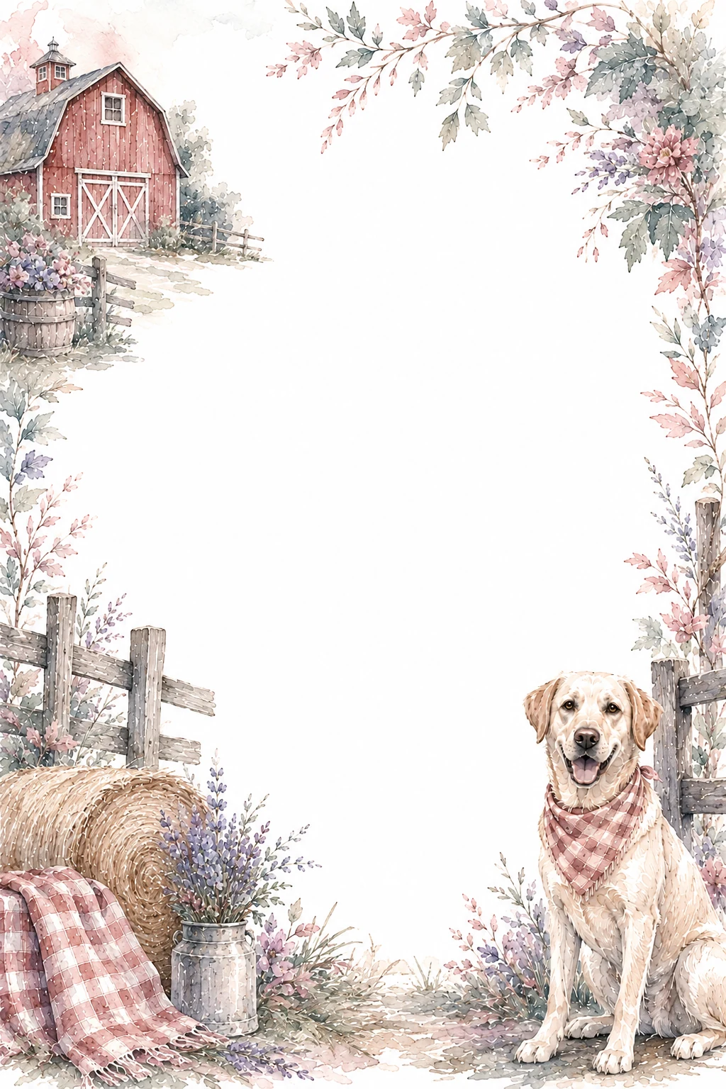 Watercolor border page featuring a Labrador in a farmhouse setting, with a blank center and no text or watermark.